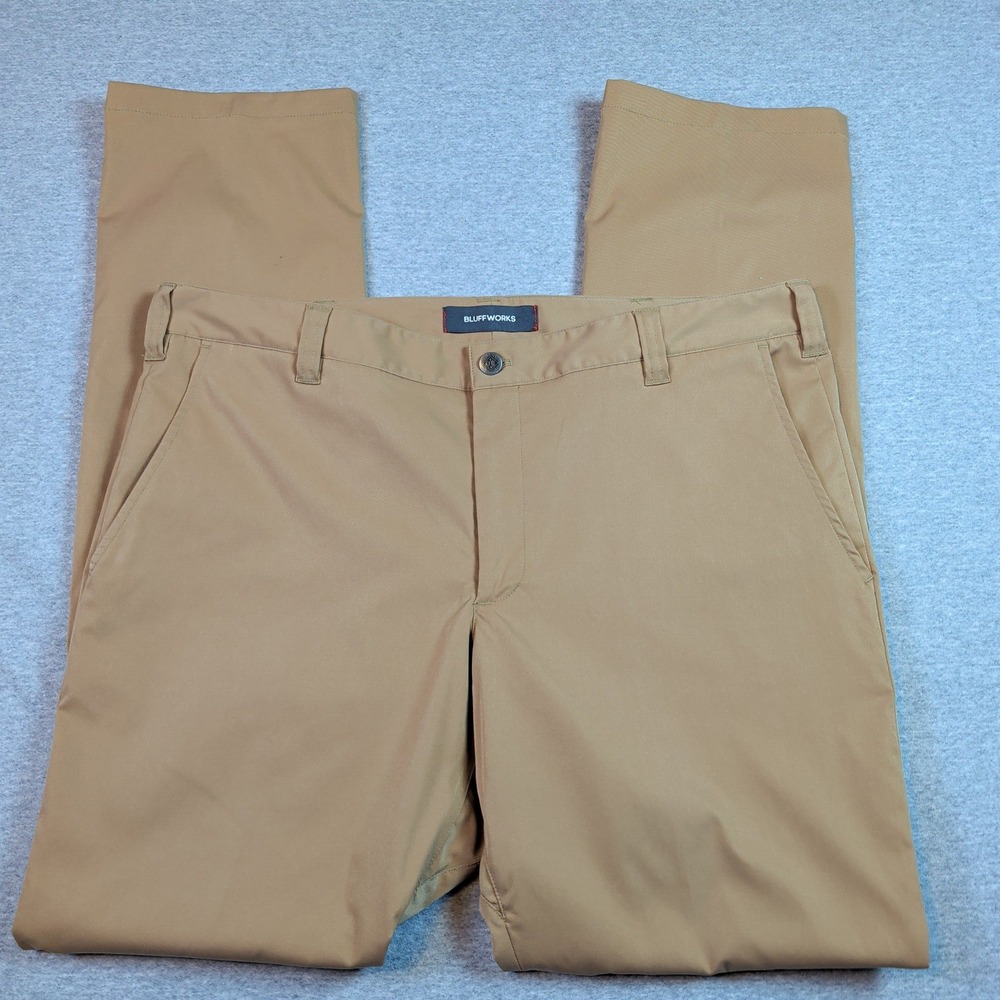 Bluffworks Tailored Fit Chino Mens 37x34 Tan Khaki Travel Performance Trousers
